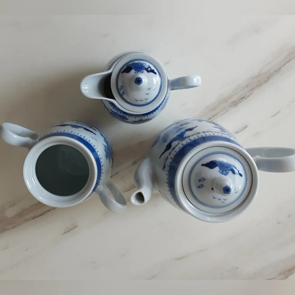 Jingdezhen Porcelain Blue & White Canton 3 Piece Tea Set - Vtg